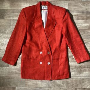 80s Vintage International Scene Red Linen Blazer Lined Double-Breasted Work